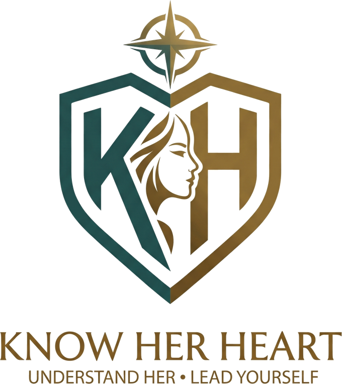 Know Her Heart logo: a heart-shaped shield, teal on the left and gold on the right, with the letters K and H around a woman's profile and a compass star above. Understand her, lead yourself.